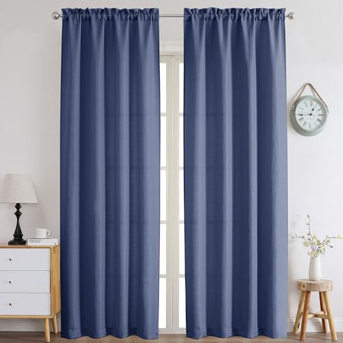 "Chyhomenyc Bennet Blue Curtains 96 Inches Long 2 Panels, Faux Linen Textured Semi Sheer Airy Light Filtering Soft Privacy Farmhouse Curtain Drapes for Living Room Bedroom, Each 40"" Wx96 L"