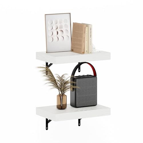 Furinno TANNA Floating Shelves for Wall Set of 2, 15-Inch Wall Shelf, Wall Mounted Shelf, for Bathroom, Home Office, Living Room, White Texture