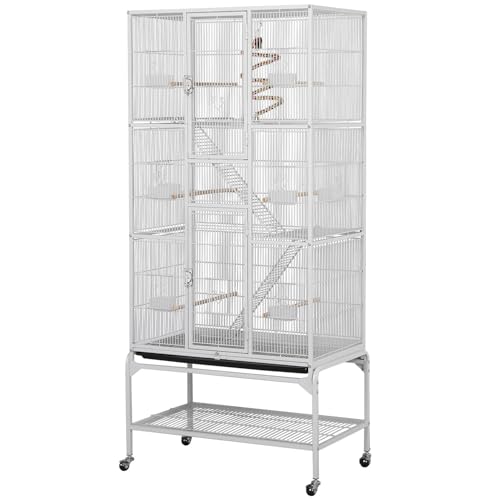 Yaheetech Budgie Cage 77 x 46 x 175.5 cm with Detachable Stand White - Bird Cage, Parakeet Cage, Powder-Coated Wrought Iron, Slide-Out Tray, Escape-Proof Latch, Bar Spacing 10mm