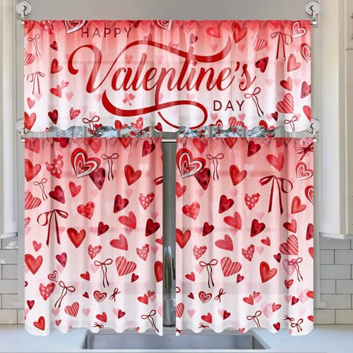 Breling 3 Pcs Valentine's Day Kitchen Curtains Valances and Tiers Set for Window Heart Bow Knots Romantic Decor Short Curtain Set for Bedroom Window Treatment Decor Party Favor Supplies
