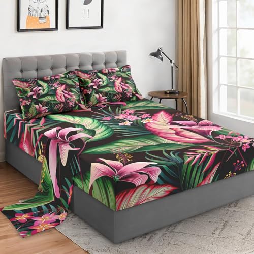 WeCozy 3 Pieces Twin Size Bed Sheet Sets with Pillowcases, Tropical Leaves Flower Hibiscus Soft Microfiber Bedding for Kids and Adults, Flat, Fitted Sheet for Bedroom Bed Decor