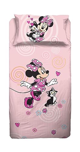 Minnie Mouse Single Bed Sheet, Single Bed Set, Disney Top Sheet, Fitted Sheet, Pillowcase, Pink, Disney, 100% Cotton, Official Product