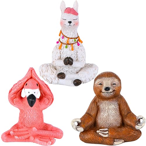 Mood Lab Miniature Yoga Figurines Set - Funny Mini Statue Kit of 3 pcs - Flamingo, Lama & Sloth in Meditation Pose - Fairy Garden Decor