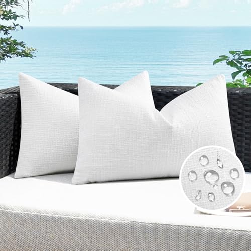 Artscope Outdoor Waterproof Throw Pillow Covers 12x20 Inch Decorative Linen Outdoor Pillows Cushion Case for Patio Couch Sofa - White