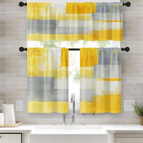 Tayney Grey Yellow Painting Kitchen Window Curtains Valance and Tier Set 36 Inch Contemporary Gray Abstract Rod Pocket Short Tier Curtain, Modern Small Drapes for Kitchen Decor