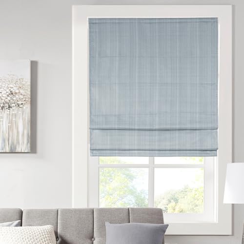 "Madison Park Galen Cordless Roman Shades - Fabric Privacy Single Panel Darkening, Energy Efficient, Thermal Insulated Window Blind Treatment, for Bedroom, Living Room Decor, 29"" x 64"", Blue"