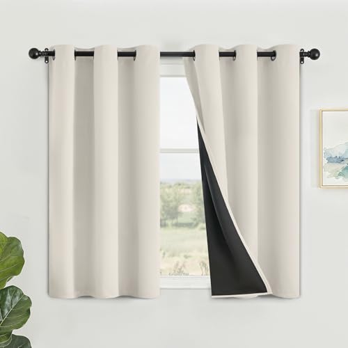 SimpleHome Cream 100% Blackout Curtains Room Darkening Living Room 45 Inch - Curtains for Bedroom,Thermal Insulated Grommet Window Drapes,Curtains for Living Room with Black Back,42 x 45 Inch,2 Panels