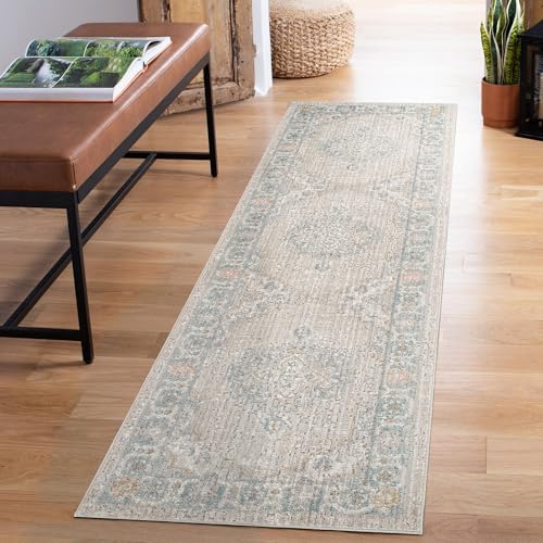 Rugs by Desire Maia Washable Living Room Area Rug – Soft Polypropylene Weaving, Low Pile, Non Slip Cotton Backing for Elegant Indoor Spaces, Beige, 60 x 220 cm (Rectangular)