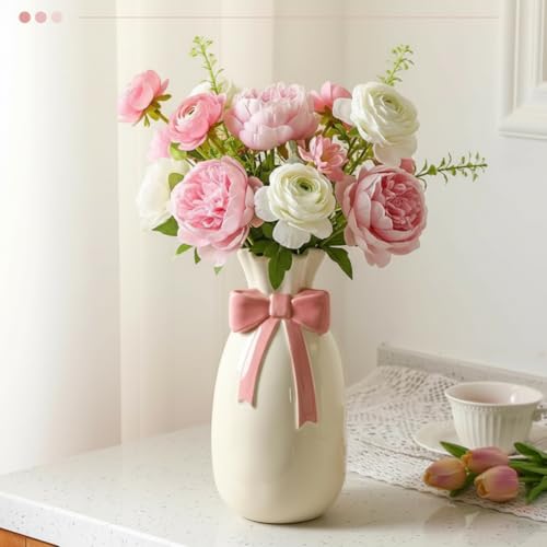 Jingmore Pink Ceramic Bow Vase for Flowers, 9.3 Inch Cute Flower Vase with Bow Pink Room Decor Home Decor for Shelf Table Living Room