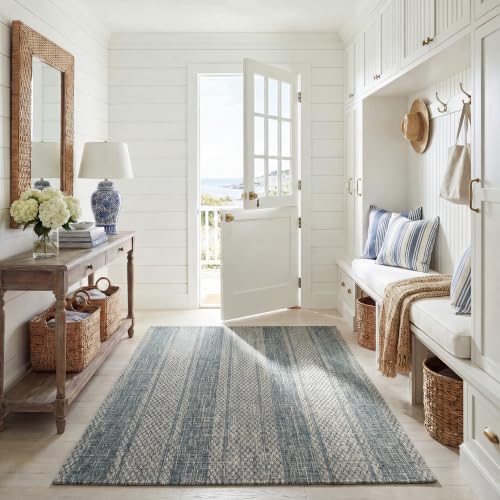 Safavieh Contemporary Indoor/Outdoor Woven Rectangle Area Rug, Courtyard Collection, CY8736, in Light Grey / Teal, 160 X 231 cm for Garden, Patio or Any Outdoor Space