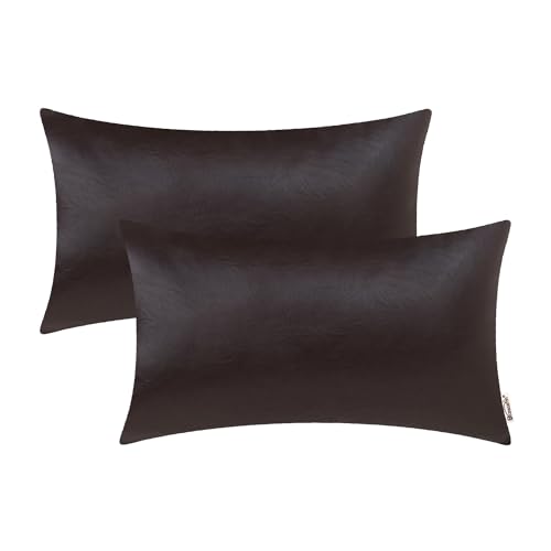 BRAWARM Decorative Throw Pillow Covers, Faux Leather Throw Pillow Cushion Covers, Solid Faux Leather Couch Cases for Living Room Garden Bed, Sea Brown, 30cm x 50cm, Pack of 2