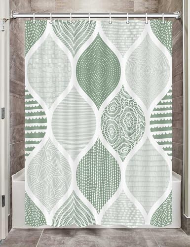 JAWO Green and Grey Camper RV Shower Curtain for Travel Trailer Bathroom, Mint Green Retro Bohemian Geometric Camping Small Narrow Fabric Shower Curtains Set, Happy Camp Decor Accessories 47X64 in