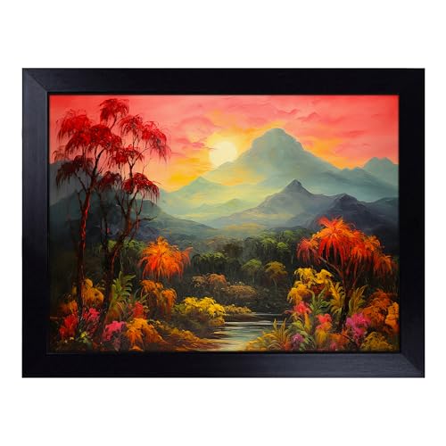 Lap Tray with Bean Bag Cushion, Jungle Landscape - Handmade in the UK, Raised Wooden Edge, Padded Cushion, Heat-Resistant Wipe-Clean Surface, for Meals, Laptops and Crafts