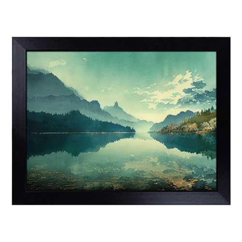 Lap Tray with Bean Bag Cushion, Mountain Lake Watercolour - Handmade in the UK, Raised Wooden Edge, Padded Cushion, Heat-Resistant Wipe-Clean Surface, for Meals, Laptops and Crafts