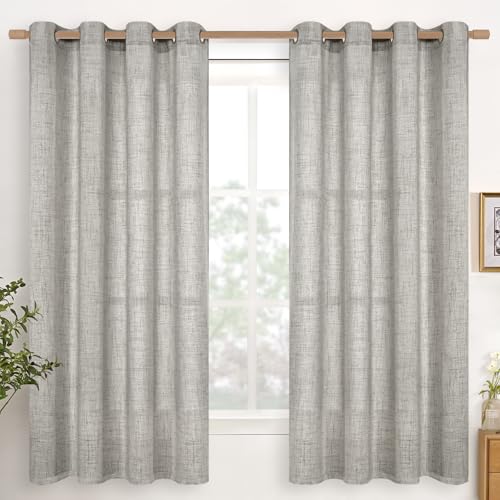 YoungsTex Dark Grey Linen Curtains 63 Inch Length for Living Room Windows - Textured Light Filtering Drapes with Bronze Grommet Privacy for Bedroom, 2 Panels, 52 X 63 Inch
