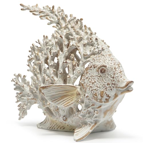Hodao Sea Coral Fish Figurines Decoration - Tropical Summer Garden Decor Crafts for Home Office (White)