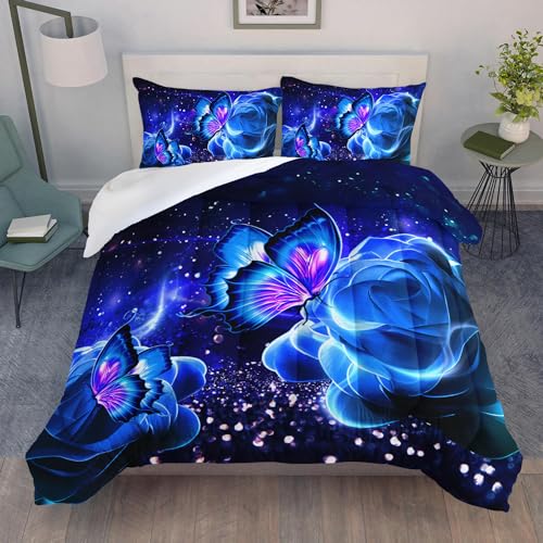 XYNHML Galaxy Butterfly Comforter Set Queen Size for Girls Kids Adults Butterfly Rose Bedding Set Aesthetics Butterflies Quilt Bed Set with 1 Comforter and 2 Pillowcases