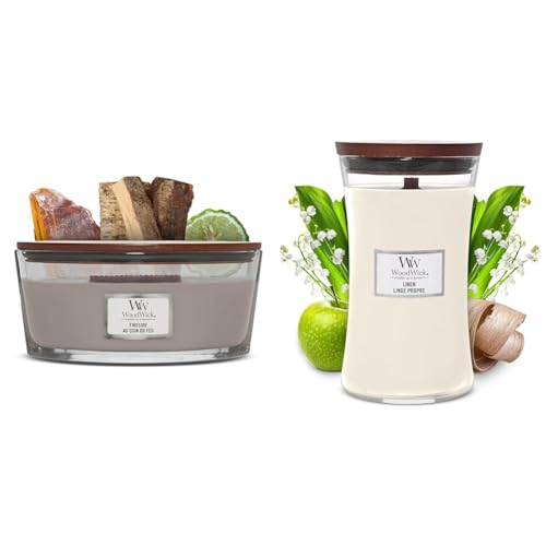 Woodwick Ellipse Scented Candle with Crackling Wick - Fireside - Up to 50 Hours Burn Time & Woodwick Large Hourglass Scented Candle - Linen - with Crackling Wick