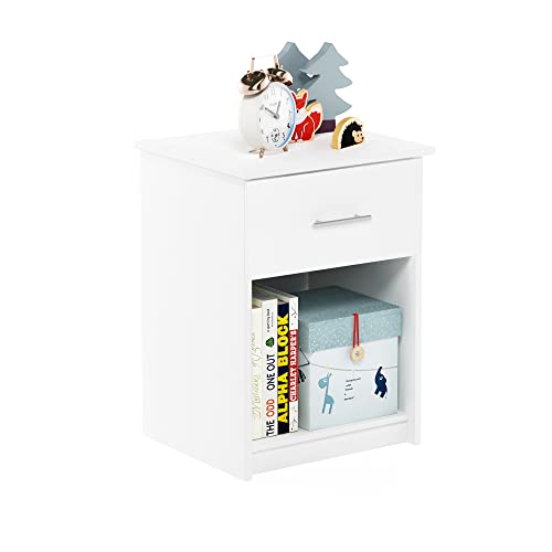 Furinno TIDUR Night Stand, Nightstand with Drawer, Bedside Table, End Table, Side Table with Storage Shelf, Bar Handle Drawer, for Bedroom, Living Room, Solid White