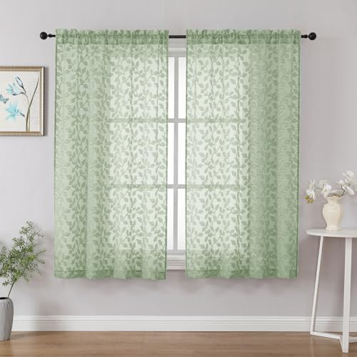 "Chyhomenyc Sage Green Sheer Curtains 54 Inch Length for Living Room 2 Panels Set, Light Filtering Tufted Textured Soft Airy Rod Pocket Leaf Window Treatment Drapes for Bedroom, 42"" Wx54 L, 2PCS"