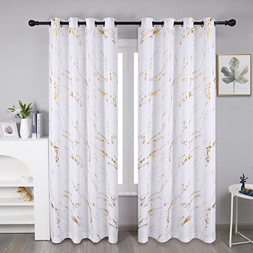 "Taisier Home Gold Foil Print Linen Textured Curtains - Geometric Marble Pattern Design for Living Room - Light Filtering Window Treatment, 2 Panels, 72"" L, White and Gold"