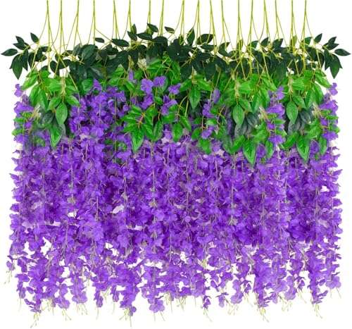 LUZOGA 48 Pack Artificial Wisteria Hanging Flowers Fake Wisteria Flower Garland Silk Vines Rattan Decor for Home Wedding Arch Wall Garden Greenery Bedroom Outdoor Office Party Decoration (Purple)