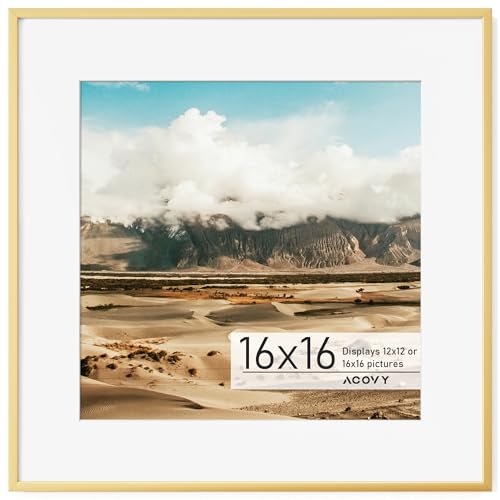 Acovy 16x16 Square Picture Frame, 16x16 Frame Matted to 12x12, Metal 16 x 16 Photo Frame for Wall Display,High Definition Tempered Glass, Wall Hook Included (Gold, Pack of 1)