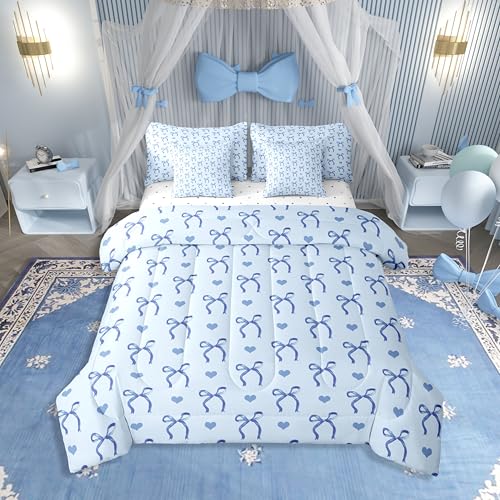 Erosebridal Blue Love Hearts Bowknot 7 Piece Bedding Set Twin - Ribbon Girly Kids Comforter Set with Sheets Cute Dreamy Bow Kawaii Bed in A Bag Adults Women Teens Bed Sets