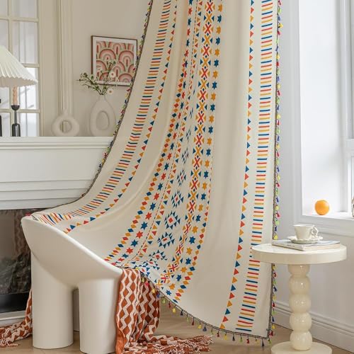 Erbnaryx Boho Curtains Geometric Light Filtering Semi-Blackout Window Curtains 63 Inches Long Rod Pocket Drapes for Living Room 2 Panels-Beige Stars