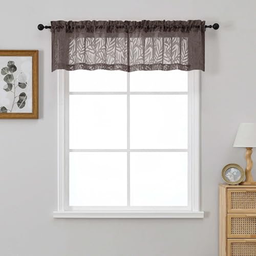 OVZME Chocolate Valances for Windows 14 Inch Length 2 Panels, Dual Rod Pocket Light Filtering Valances for Kitchen, Soft Airy Short Sheer Curtains with Leaf Jacquard Clip Design, 2x42Wx14L Inches