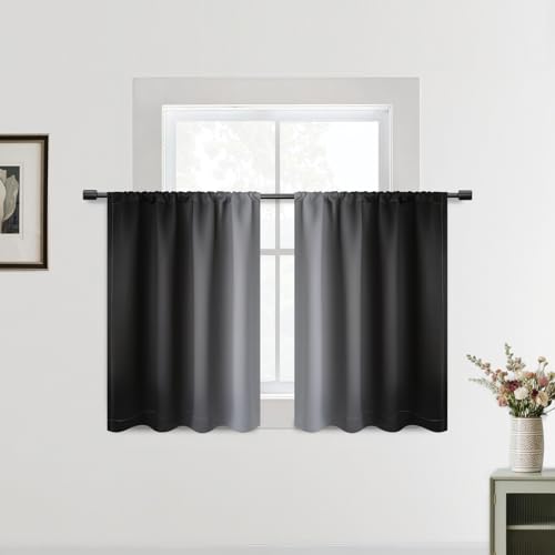 SimpleHome Black Small Kitchen Window Curtains Over Sink - Rod Pocket Thermal Insulated Window Half Short Curtains for Cafe/RV Camper/Bathroom, 2 Panels, 42x36 inches Length
