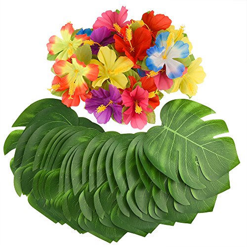 "Kuuqa 88 Pcs 20cm/8"" Tropical Palm Leaves and Silk Hibiscus Flowers Party Decor, Artificial Monstera Plant Leaves Flowers Hawaiian Luau Party Jungle Beach Theme BBQ Birthday Party Decorations Supplies"