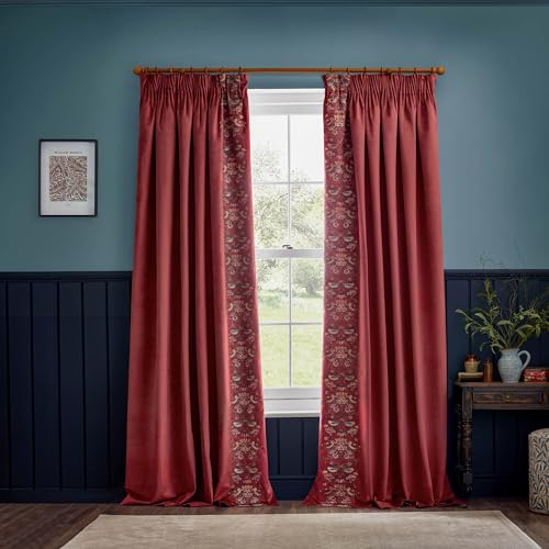 Morris&Co. Strawberry Thief Pencil Pleat Curtain Pair – Iconic Bird & Floral Embroidered Lined Velvet Drapes (Berry - 117x183cm)