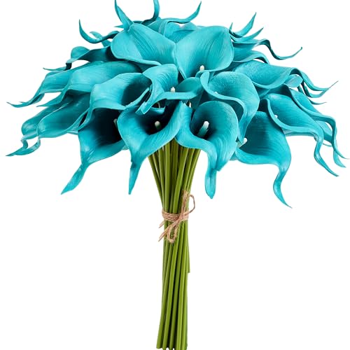 AWARDSEN 12Pcs Teal Blue Calla Lily Artificial Flowers for Wedding Bouquet - Faux Real Touch Flower for Bride Bridal Shower, Spring Home Kitchen Table Decor, Fake Lilies for Centerpieces, Party Decor