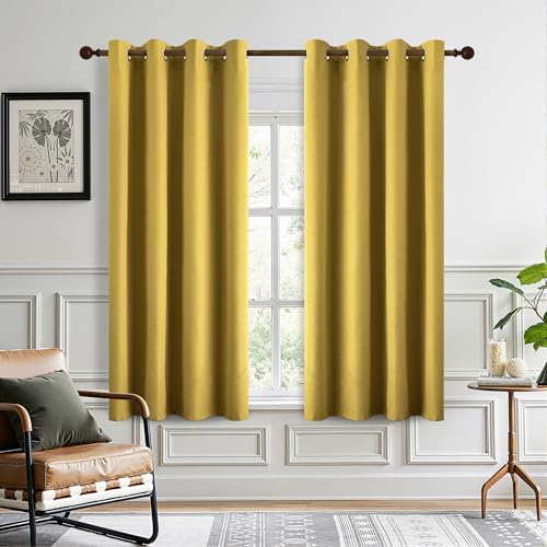 DONREN Thermal Insulated Linen Full Blackout Curtains 52x45 Inches, Grommet Room Darkening Drapes for Bedroom & Living Room, 2 Panels, Gold Yellow