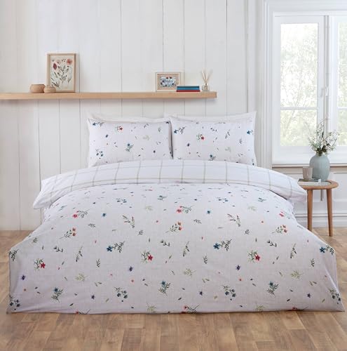 Rapport Home Meadow Brushed Cotton Duvet Cover Set - 100% Cotton Flannelette Single Floral Bedding Set, White