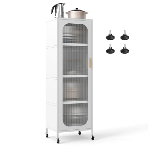 FANTASK Kitchen Shelf with 5 Tiers, Display Cabinet on Wheels with Adjustable Shelves, Slim Multi-Purpose Cabinet with Semi-Transparent Door, Metal Highboard for Dining Room, Bathroom and Living Room