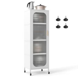 FANTASK Kitchen Shelf with 5 Tiers, Display Cabinet on Wheels with Adjustable Shelves, Slim Multi-Purpose Cabinet with Semi-Transparent Door, Metal Highboard for Dining Room, Bathroom and Living Room