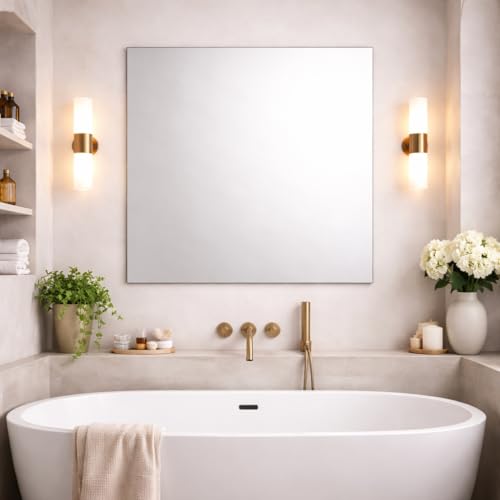 Bathroom Square Frameless Wall Mirror 100 x 100cm – Modern Wall Mounted Vanity Mirror – Large Contemporary Mirror – Polished Edge