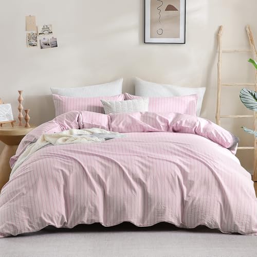 "ATsense Striped Duvet Cover Queen 100% Washed Cotton Linen Like 3 PCS Super Soft Comfortable and Breathable Striped Duvet Cover Set with Zipper Closure (Queen 90""x90"", Pink and White Striped)"