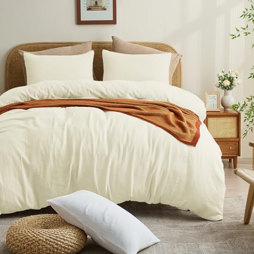 MEISHANG Muslin Duvet Cover Queen Size - 100% Organic Cotton, Soft Textured Gauze Weave Comforter Cover for Breathable All-Season with Zipper Closure - 3 Piece Set (Queen, Beige)