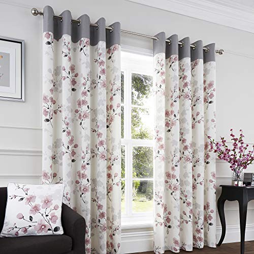 Fusion Paige Watercolour Floral 100% Cotton Eyelet Lined Curtains, Blush, 66 x 54 Inch, PAGBH66546L2U