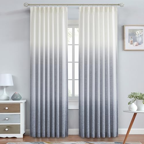 "Central Park Ombre Pinch Pleat Curtain Panels Rayon Blend Textured Semi Sheer Window Treatment Drape with Backtab for Living Room Bedroom, Cream White to Indigo Blue, 40""x90""x2"