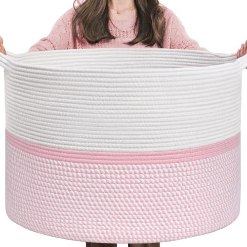 "XXL Extra Large Cotton Rope Woven Basket, Throw Blanket Storage Basket with Handles, Pink Decorative Clothes Hamper - 22"" x 22"" x 14"""