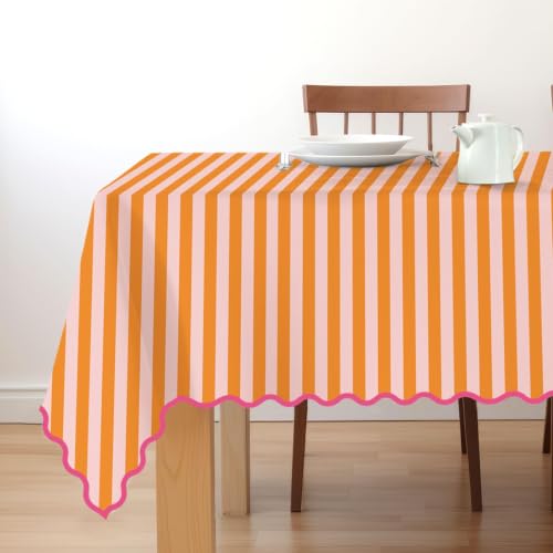 Whaline Scalloped Edge Orange Pink Striped Tablecloth Waterproof Linen Cotton Tablecloth Rectangle Table Cover for Home Kitchen Table Decoration, 55 x 70 Inch