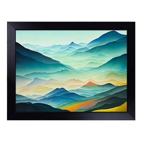 Lap Tray with Bean Bag Cushion, Mountain Landscape Painted - Handmade in the UK, Raised Wooden Edge, Padded Cushion, Heat-Resistant Wipe-Clean Surface, for Meals, Laptops and Crafts