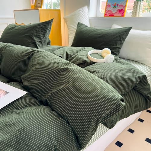 PinkMemory Olive Green Striped Duvet Cover King 100% Washed Cotton Dark Green Stripe Duvet Cover Set 3pcs Pinstripe Pattern Bedding Set with Zipper Closure Corner Ties,Soft Breathable
