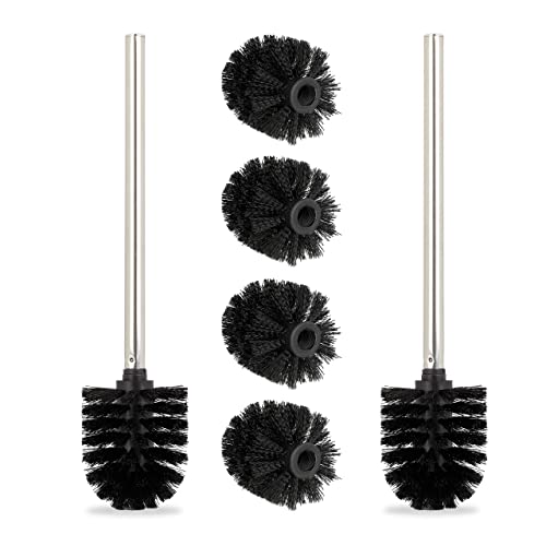 Relaxdays Toilet Brushes, Set of 2, 4x Replacement Heads, Stainless Steel Handle, Bathroom, H x diam. 35 x 8 cm, Black