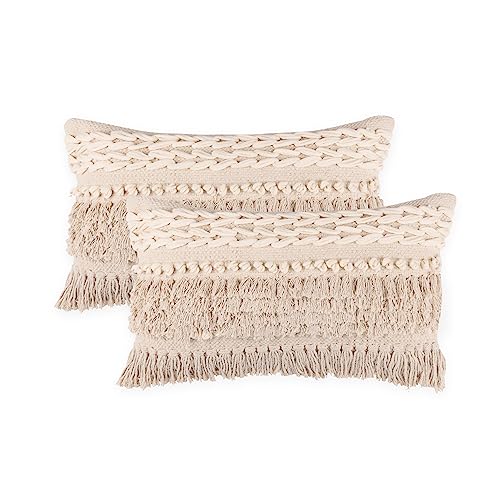 "REDEARTH ?? Boho Textured Throw Pillow Cushion Covers- Lumbar Woven Tufted Decorative Farmhouse Cases Set for Couch, Sofa, Bed, Chair, Dining, Patio, Outdoor 100% Cotton (12""x20"", Natural) Pack of 2"