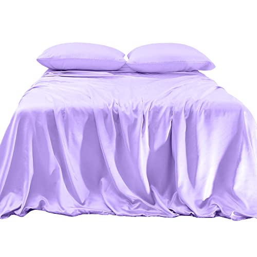 Elegant Comfort Luxurious 4-Piece Silky Satin Sheet Set, Skin and Hair Friendly, Wrinkle, Fade, Stain Resistant with Deep Pockets Fitted Sheet, Cooling Soft Satin Sheet Set, Queen, Lilac